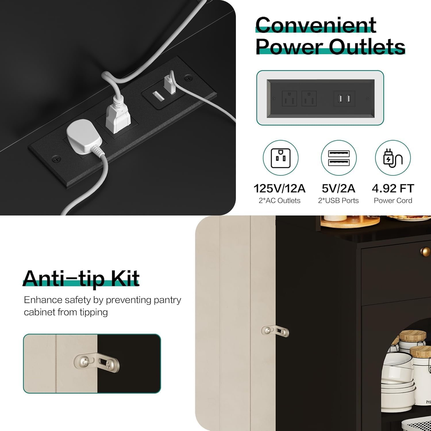 72" Black Kitchen Pantry Cabinet with Lights and Charging Station, Tall Hutch Storage Cabinet Coffee Bar Cabinet with Microwave Shelf for Dining Room