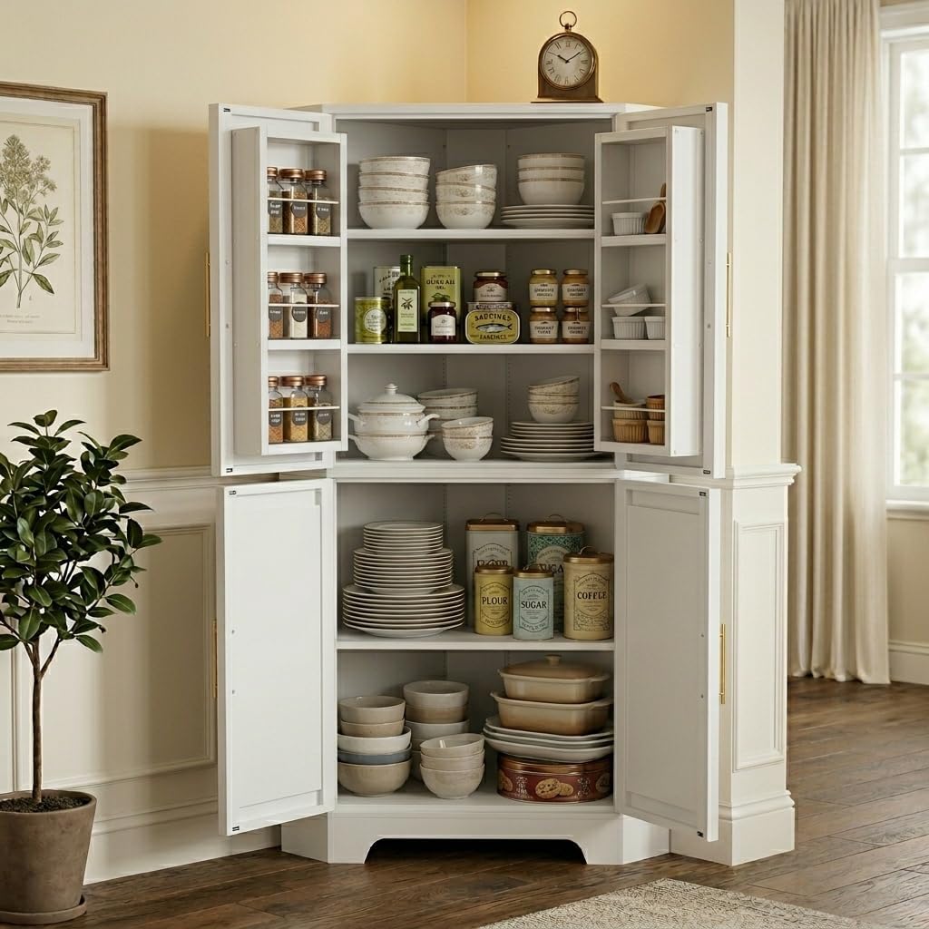 Corner Cabinet, Metal Storage, Kitchen Pantry Cabinet with Adjustable Shelves & Spice Rack, Tall Freestanding Corner Pantry with Shaker Doors & Gold Handles for Kitchen, Bathroom, Living Room (White)