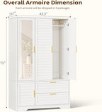 Armoire Wardrobe Closet with Mirror - 71“ Wood Clothing Storage Cabinet, Wardrobe Closet with Doors & 2 Drawers, Freestanding Bedroom Armoires and Wardrobes for Hanging Clothes, 3 Doors, White