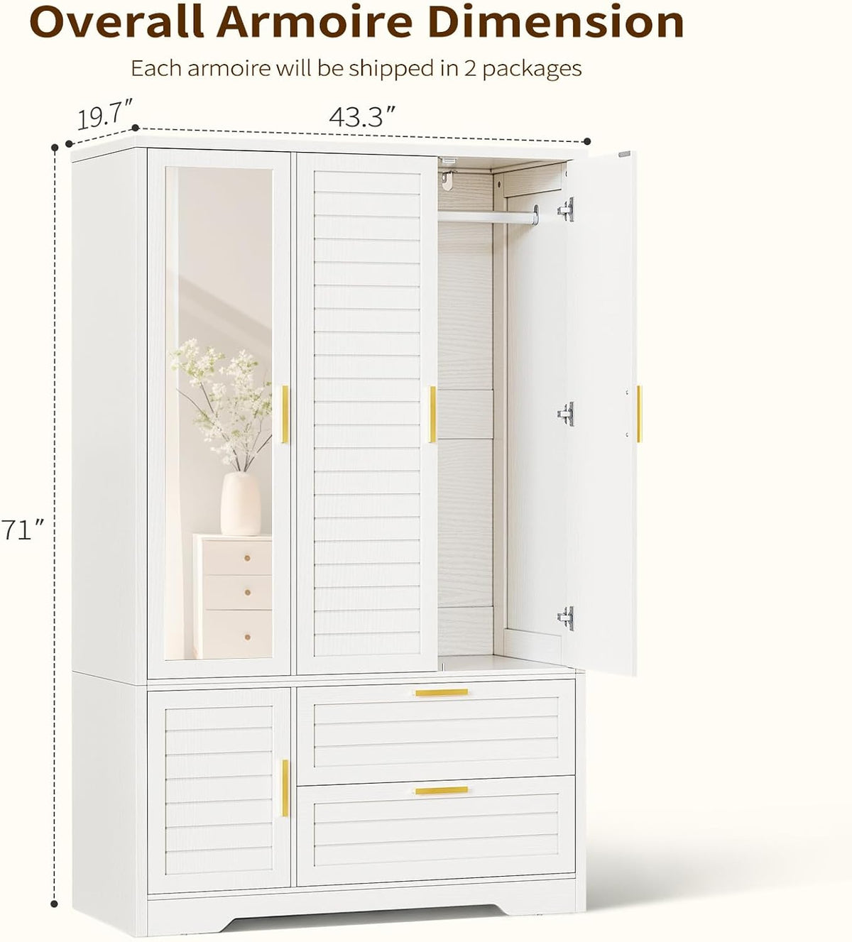 Armoire Wardrobe Closet with Mirror - 71“ Wood Clothing Storage Cabinet, Wardrobe Closet with Doors & 2 Drawers, Freestanding Bedroom Armoires and Wardrobes for Hanging Clothes, 3 Doors, White