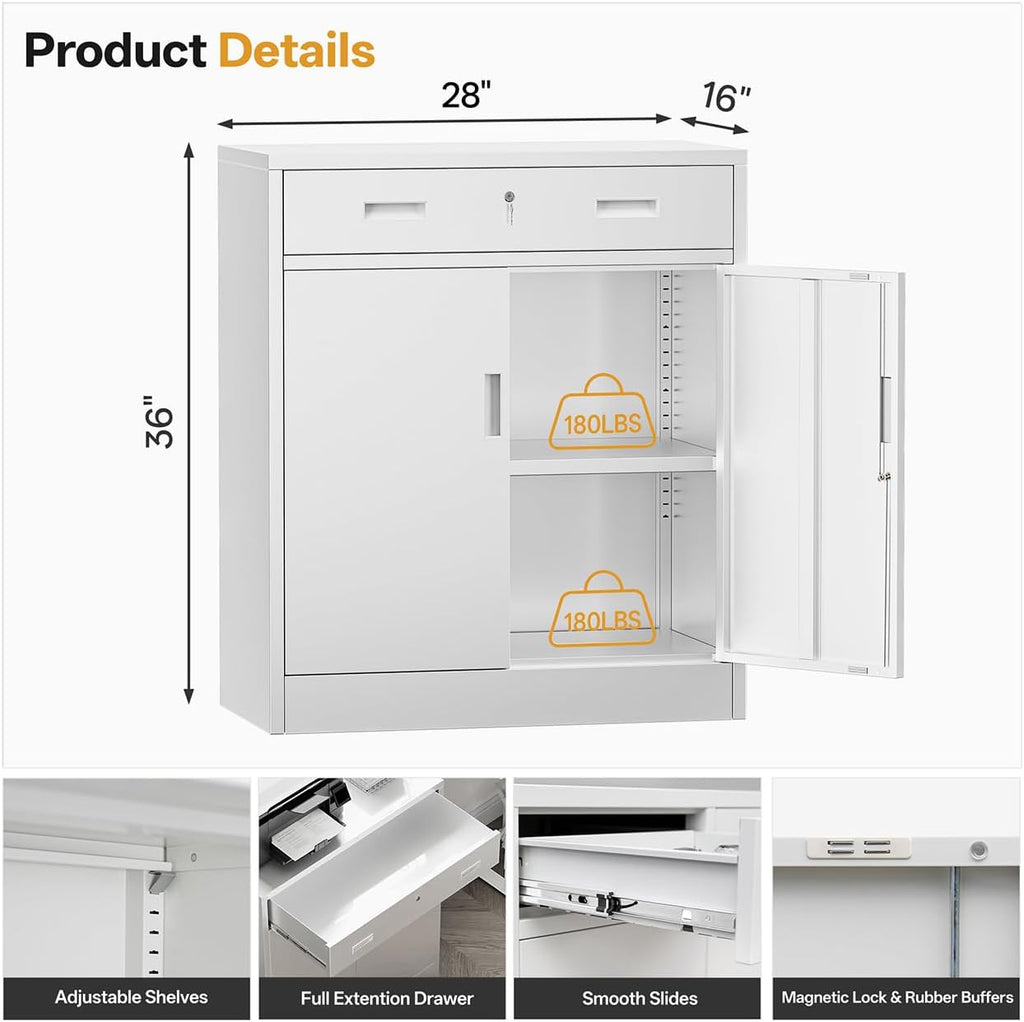 Metal Storage Cabinets with Drawer, 36" H Lockable Storage Cabinet with Doors and Adjustable Shelves, Small White Steel File Cabinet for Home, Office, Warehouse, School, Assembly Required