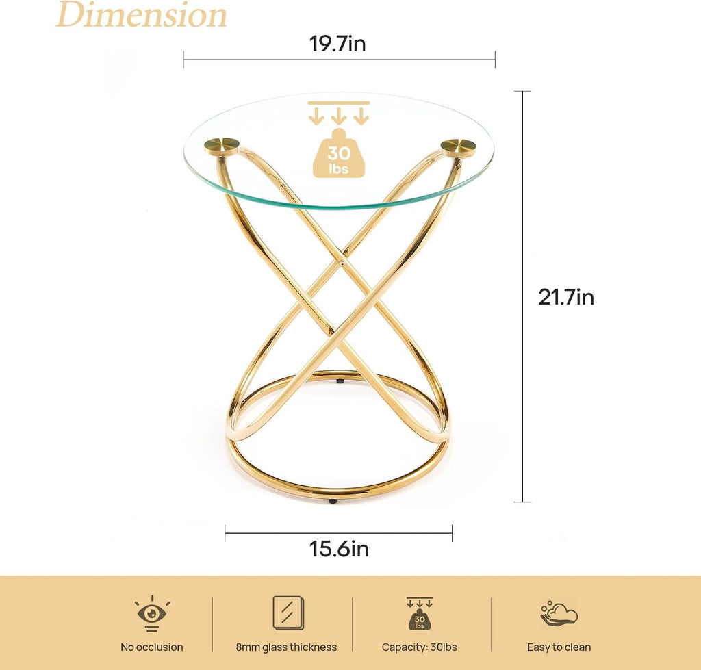 BECHAEO 19.7" Round Glass Gold Side Table with Gold-Plated Metal Ring-Shaped Frame for Living Room, Modern Round Glass End Table Nightstand for Bedroom, Small Side Table for Small Spaces