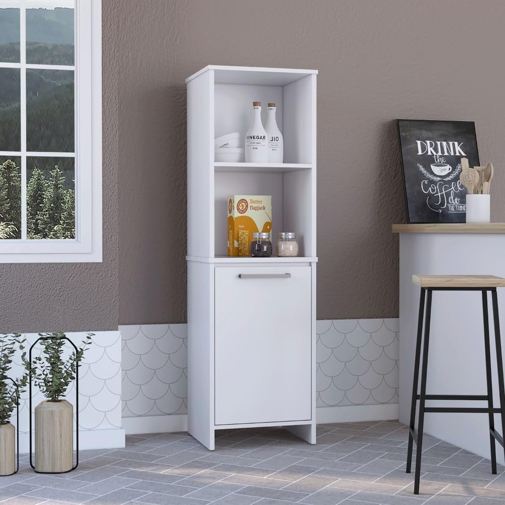 59" Tall Kitchen Pantry with Open Shelving & Cabinet - White