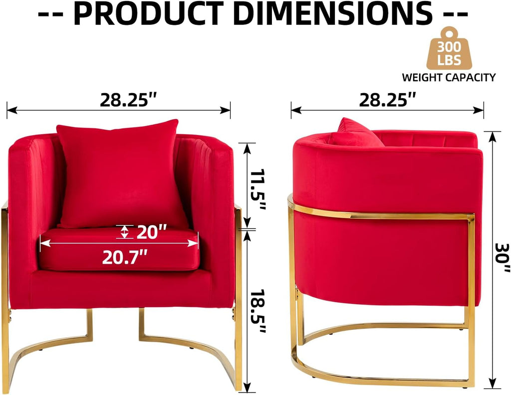 Velvet Accent Barrel Chairs Set of 2, Modern Arm Club Chair Set with Pillow for Living Room/Bedroom/Guest Reception, Channel Tufted, Gold Finish Base, Red