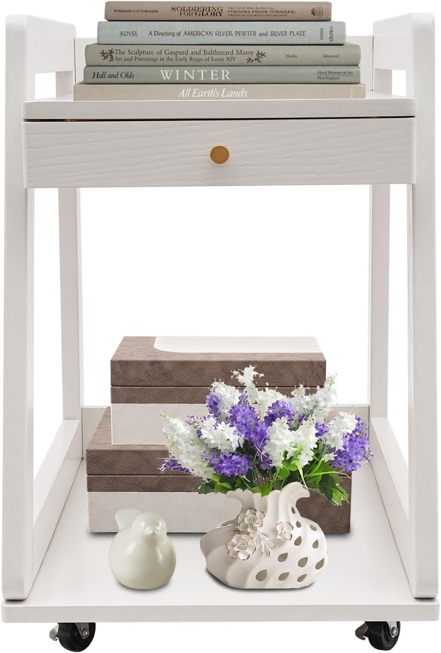 Wood End Table with Drawer, 2 Tiers Side Table with Open Storage Mobile Couch Table Floor Rolling Cart with Large Capacity White for Bathrooms Living Room Office