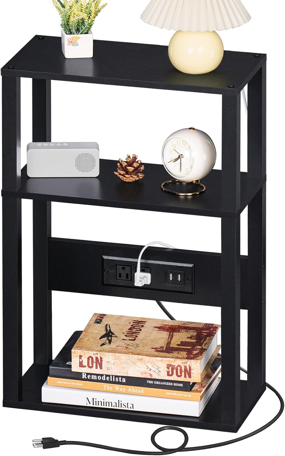 YUFAM 3-Tier Narrow Bedside Table Set 2 for Small Spaces, Skinny Nightstand | Thin Side Table with Charging Station, Slim End Table with USB & Outlets, Easy Assembly for Couch, Living Room, Bedroom,Black