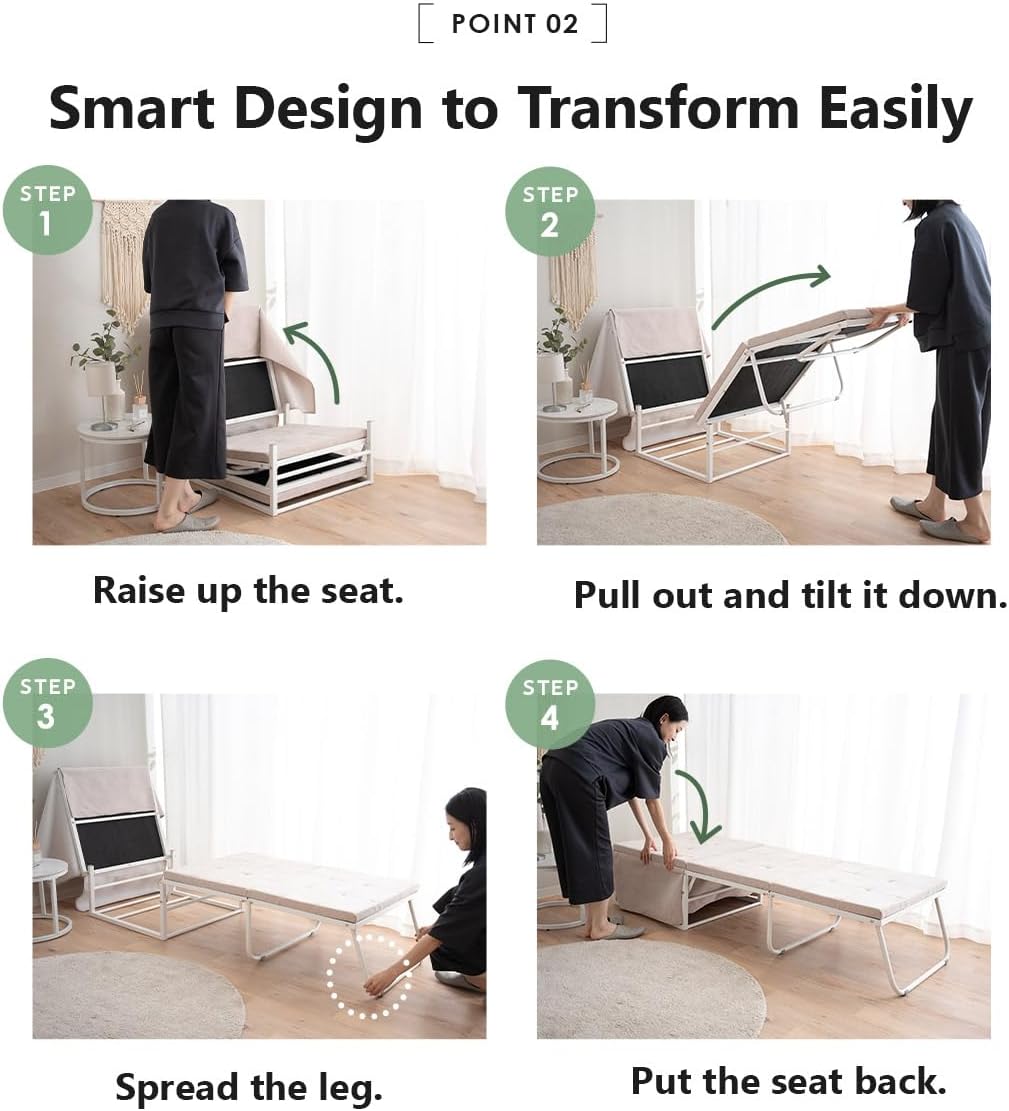 EMOOR Multifunctional Stool SHELT Transformable to Bed (Ivory), Foldable Collapsible High-Density Urethane Foam Temporary Guest Bed Bench