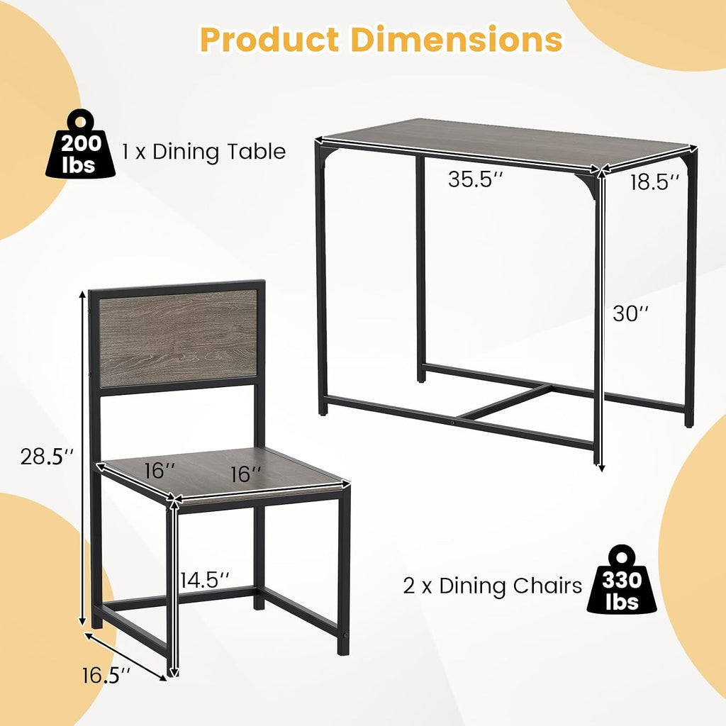 COSTWAY 3-Piece Small Dining Table Set for 2, Industrial Dinette Set with Sturdy Metal Frame & Wood Grain Tabletop, Space-Saving Kitchen Table and Chairs for Apartment, Small Spaces (Gray Oak)