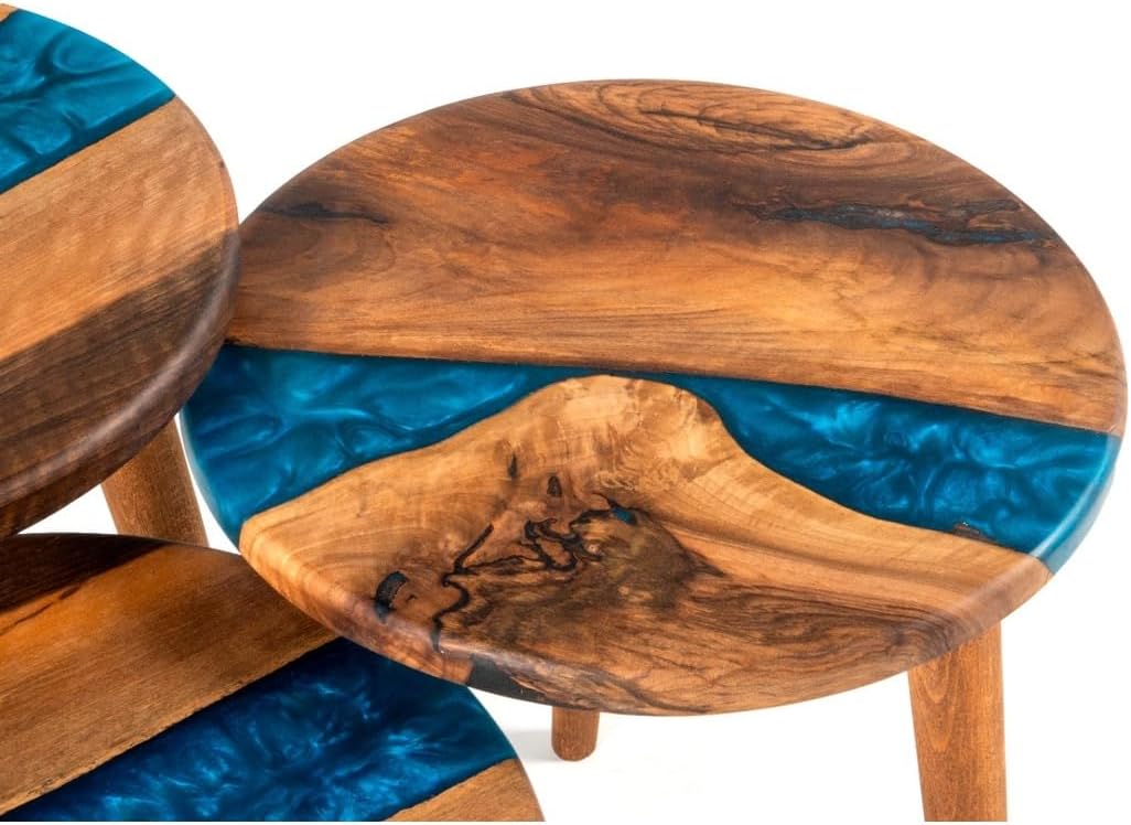 3-Piece Round Nesting Side Table Set 15.7 in | Blue Walnut Wood & Epoxy | Modern Scandinavian Style | Handmade | Durable & Easy Easy to Wipe | GOKCESANWOOD - Blue