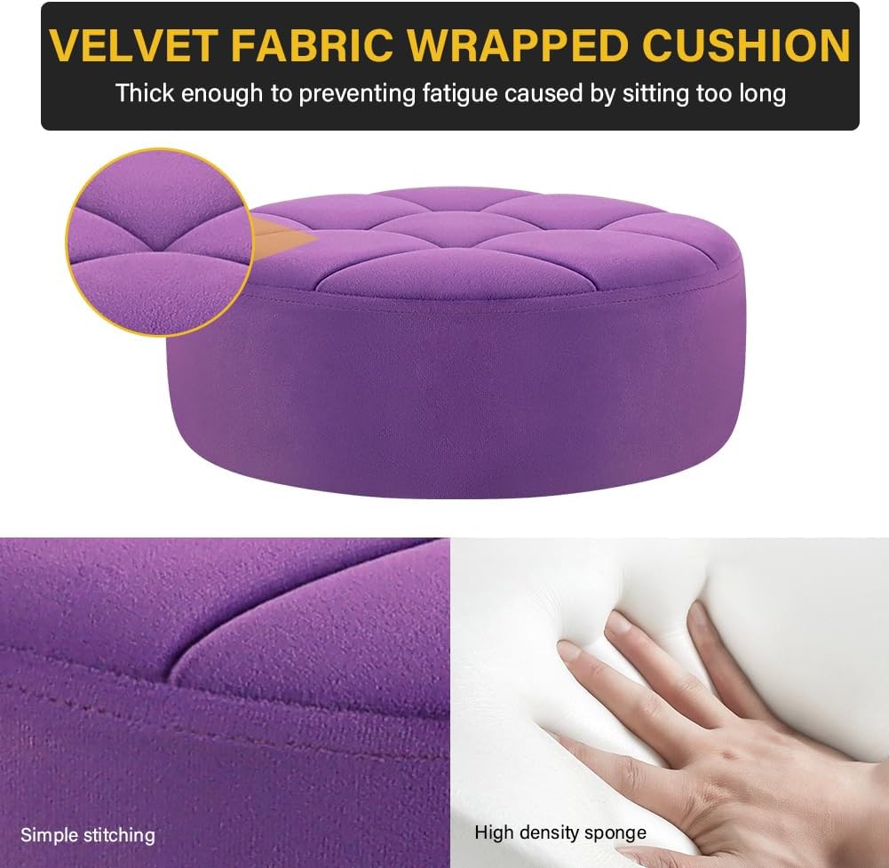 WKWKER Velvet Upholstered Vanity Stool Swivel Adjustable Makeup Stool for Makeup Room Small Round Ottoman for Living Room Makeup Chair for Bedroom SPA Salon Studio (Purple)