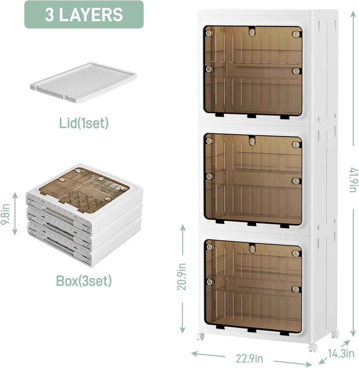 JEKO&JEKO 315 Qt Expanded Bathroom Storage Cabinet, 3-Tier Tall Cabinet Organizer with Wheels, Foldable Plastic Storage Bin for Kitchen, Laundry Room or Home, White