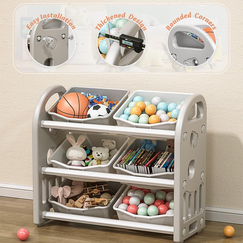 Kids Toy Storage Organizer, 3-Tier Shelves Multi-Functional Kids Storage Organizer with 6 Removable Bins Large Storage Capacity for Boys Girls Bedroom Playroom, Nursery (Grey)