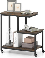 GOFLAME G-Shaped End Table, 3-Tier Sofa Side Table with Wheels, Open Shelves, Metal Frame, Modern Display Accent Table, Small Narrow Rolling Nightstand for Living Room, Bedroom, Rustic Brown