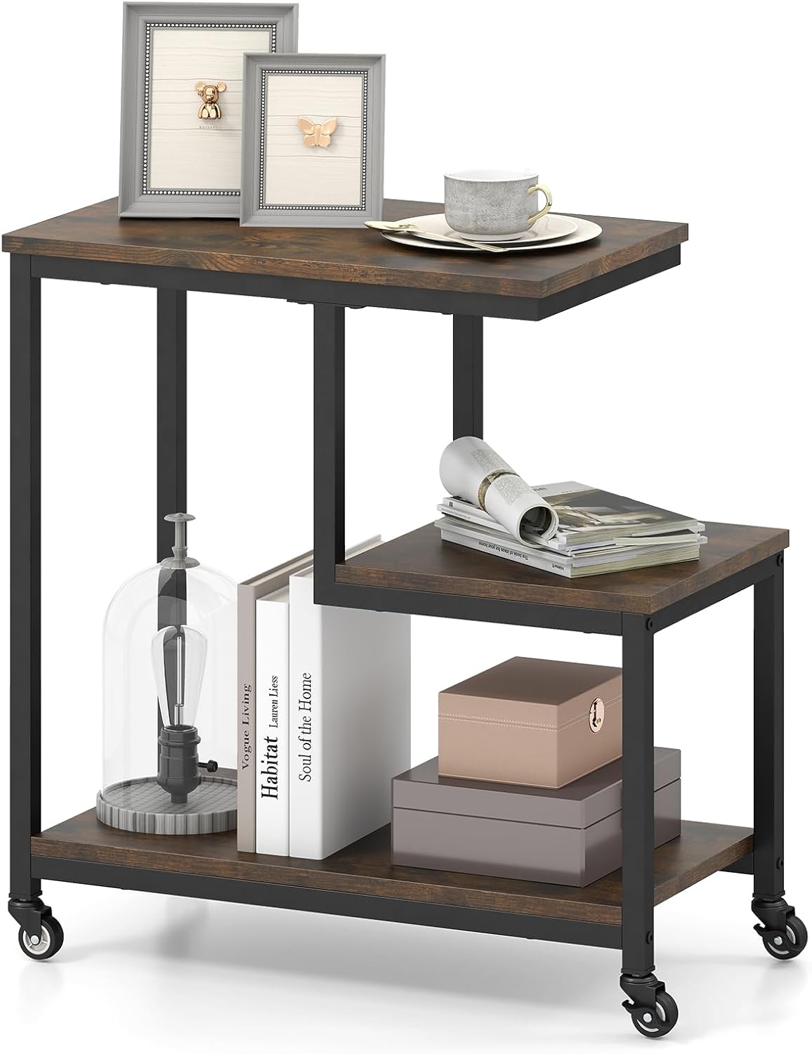 GOFLAME G-Shaped End Table, 3-Tier Sofa Side Table with Wheels, Open Shelves, Metal Frame, Modern Display Accent Table, Small Narrow Rolling Nightstand for Living Room, Bedroom, Rustic Brown