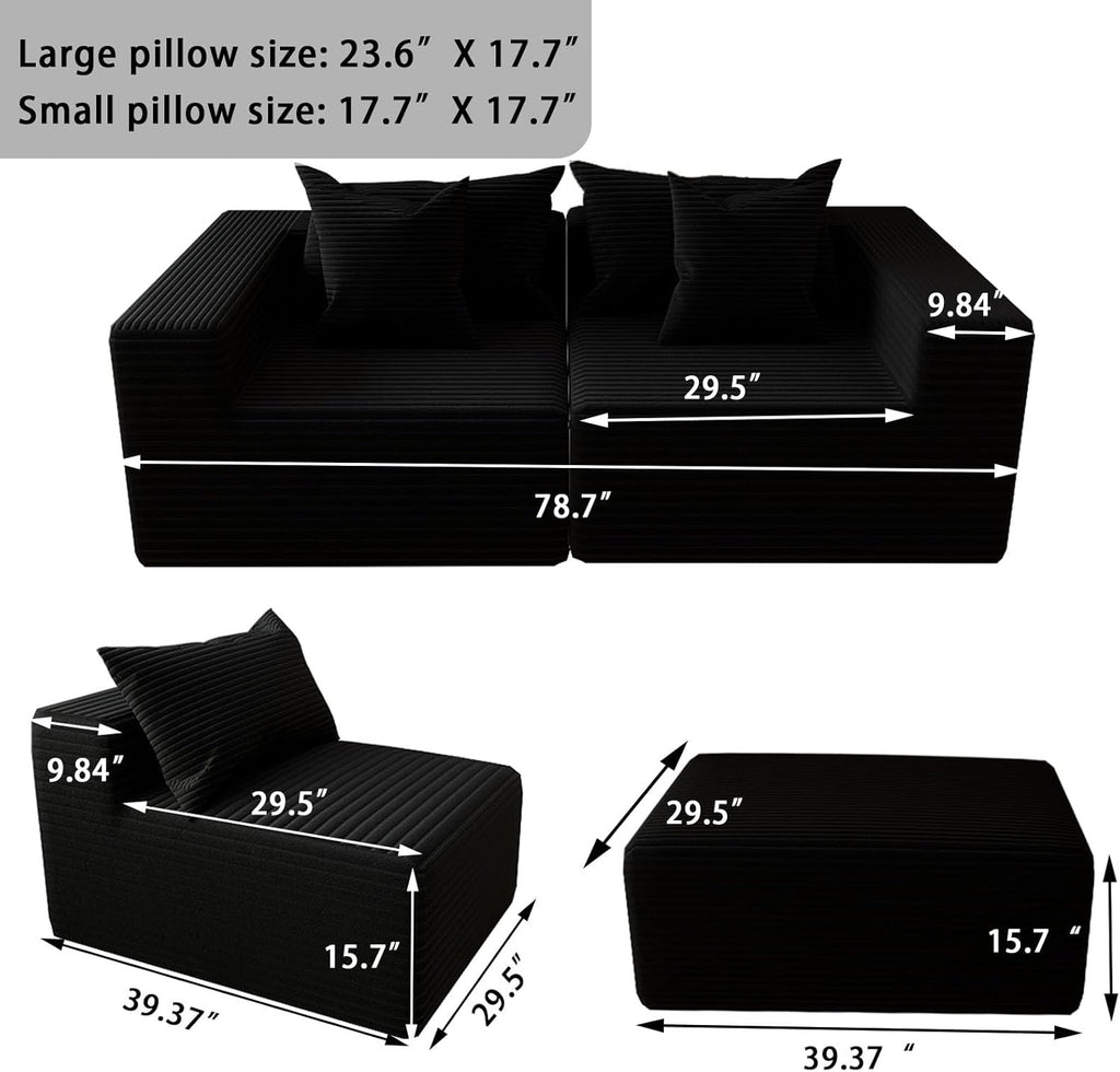 Oversized Cloud Couch Ottoman, Frameless Wide-Wale Corduroy Footrest for Living Room, High-Density All-Foam Large Rectangle Ottoman Coffee Table for Sectional Sofa (Black, Ottoman)