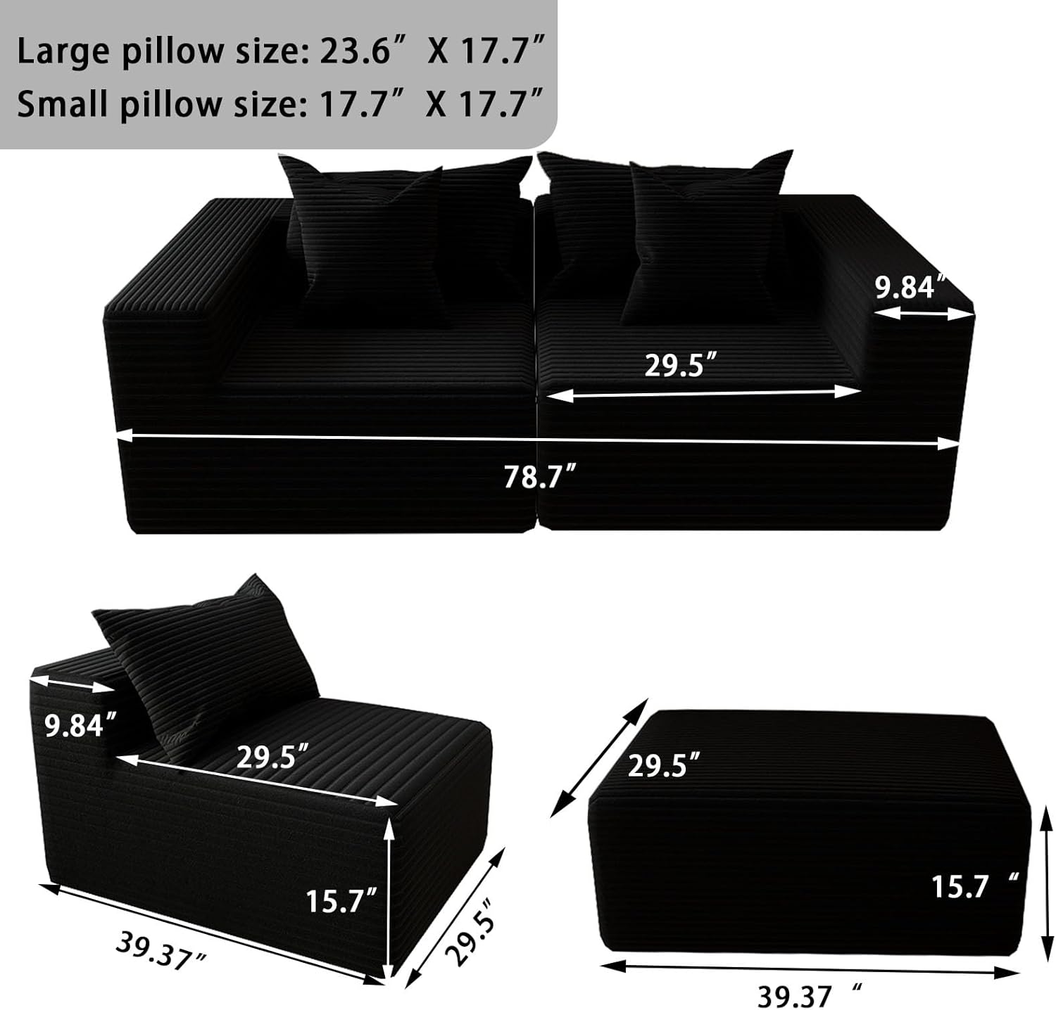 Oversized Cloud Couch Ottoman, Frameless Wide-Wale Corduroy Footrest for Living Room, High-Density All-Foam Large Rectangle Ottoman Coffee Table for Sectional Sofa (Black, Ottoman)