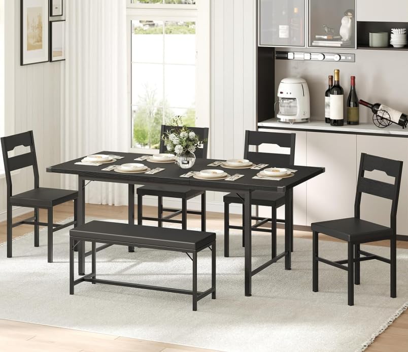 6-Piece Dining Table Set for 4-8, 63" Extendable Kitchen Table with 4 PU Upholstered Dining Room Chairs & Bench, Heavy-Duty Metal Frame, Space-Saving, for Small Space, Office, Kitchen, Black