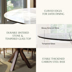 POVISON Modern Extendable Dining Table, 47" to 63" Round to Oval Sintered Stone Kitchen Table with Carbon Steel Pedestal Base for 4-6, White with Bronze(Table Only