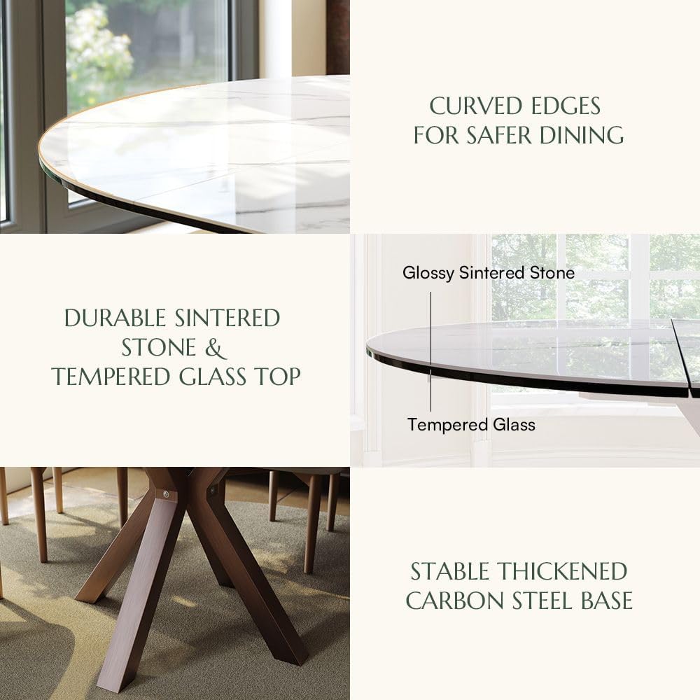 POVISON Modern Extendable Dining Table, 47" to 63" Round to Oval Sintered Stone Kitchen Table with Carbon Steel Pedestal Base for 4-6, White with Bronze(Table Only