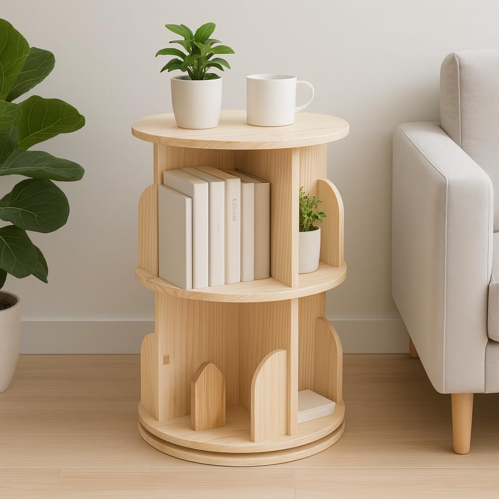 2 Tier Wood Bookshelf Office End Table,Nightstand with Storage Shelf,Rotating Side Table,Circle Nightstands for Bedroom,Modern Sofa Bedside Tables for Living Room,Easy Assembly.