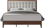 Jocisland Queen Bed Frame Solid Wood,50" Tall Upholstered Headboard,Walnut