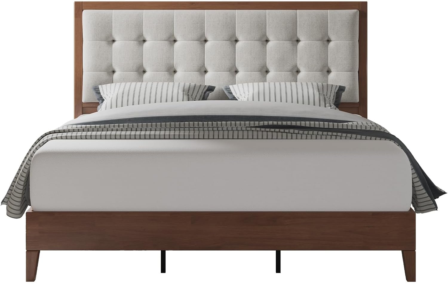 Jocisland Queen Bed Frame Solid Wood,50" Tall Upholstered Headboard,Walnut