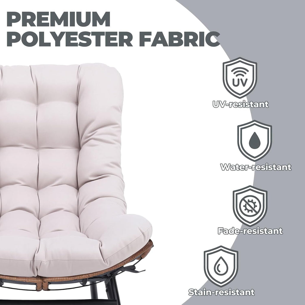 COMHOMA Outdoor Rocking Papasan Chair, Oversized Wicker Patio Rocker, Indoor Comfy Wicker Reading Lounge, Bed-Like Comfort Egg Chair for Bedroom,Balcony, Porch, Garden, Beige