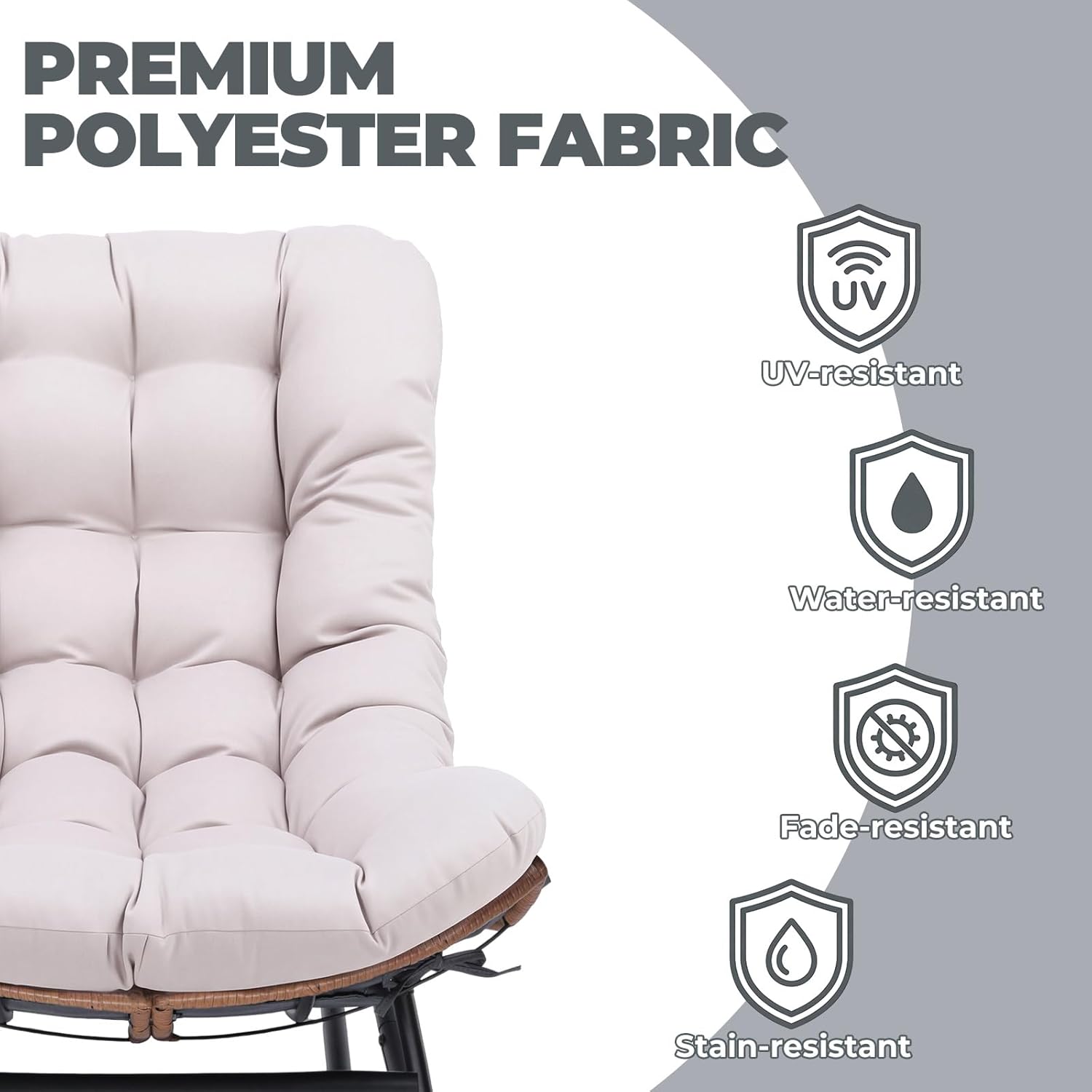 COMHOMA Outdoor Rocking Papasan Chair, Oversized Wicker Patio Rocker, Indoor Comfy Wicker Reading Lounge, Bed-Like Comfort Egg Chair for Bedroom,Balcony, Porch, Garden, Beige