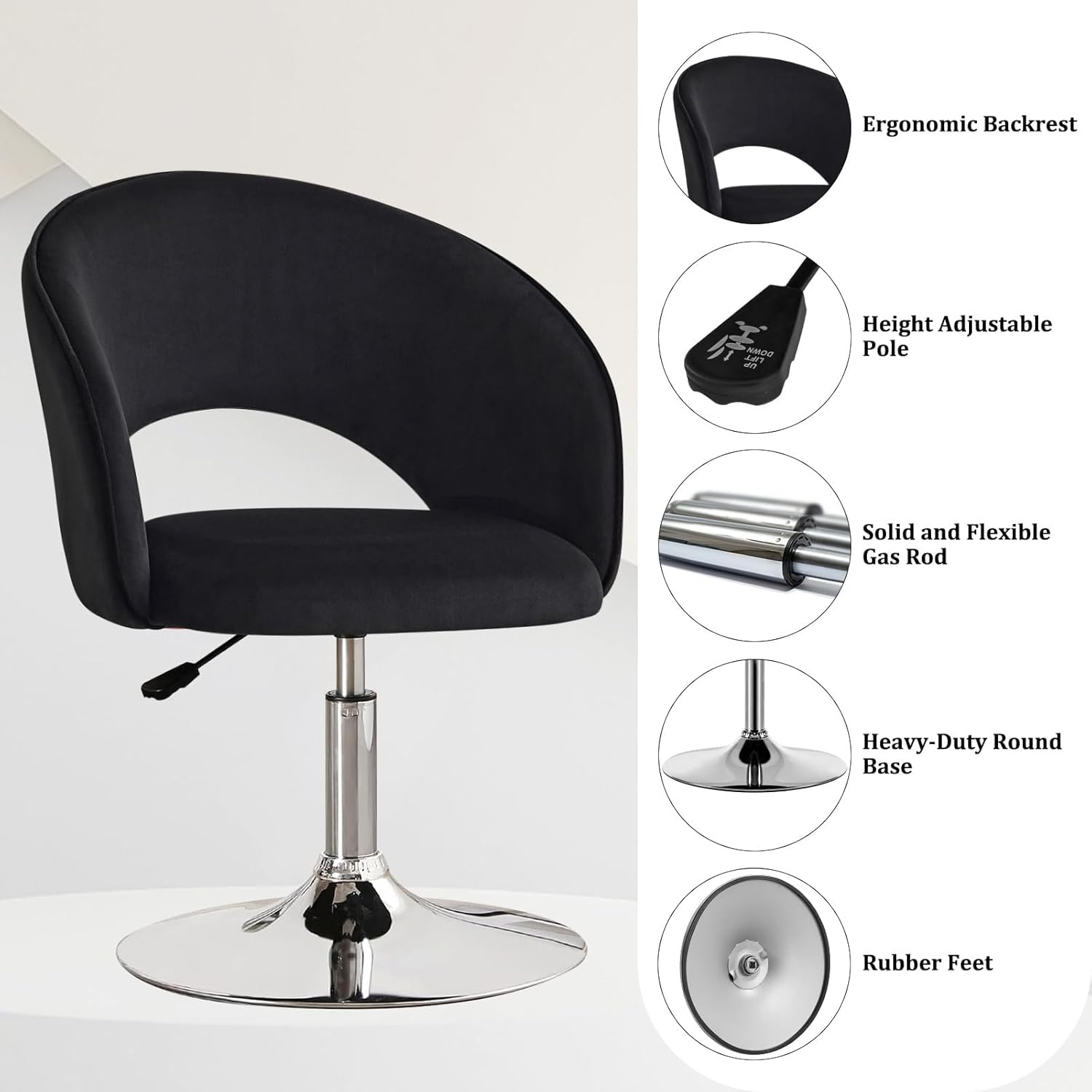 Furniliving Vanity Chair, Salon Chair Flexible Round-Back, 360° Accent Chair with Plated Frame Height Adjustable Swivel Chairs for Living Room, Bedroom, Lounge Pub Bar, Velvet, Black