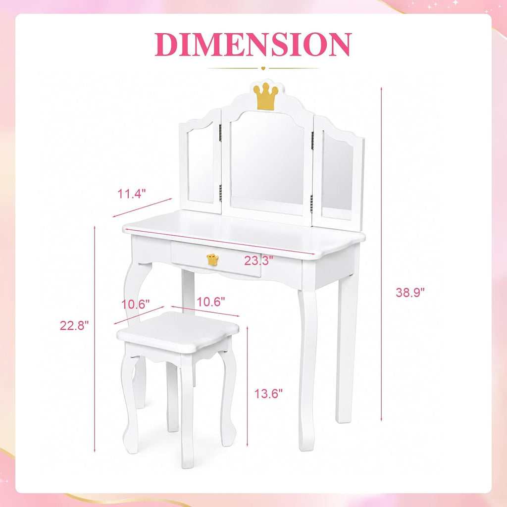 JOYMOR Kids Princess Vanity Table and Chair Set, Kids Vanity Set with Drawer & Tri-Folding Mirror, 2 in 1 Makeup Dressing Table with Detachable Top for Girls