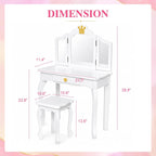JOYMOR Kids Princess Vanity Table and Chair Set, Kids Vanity Set with Drawer & Tri-Folding Mirror, 2 in 1 Makeup Dressing Table with Detachable Top for Girls