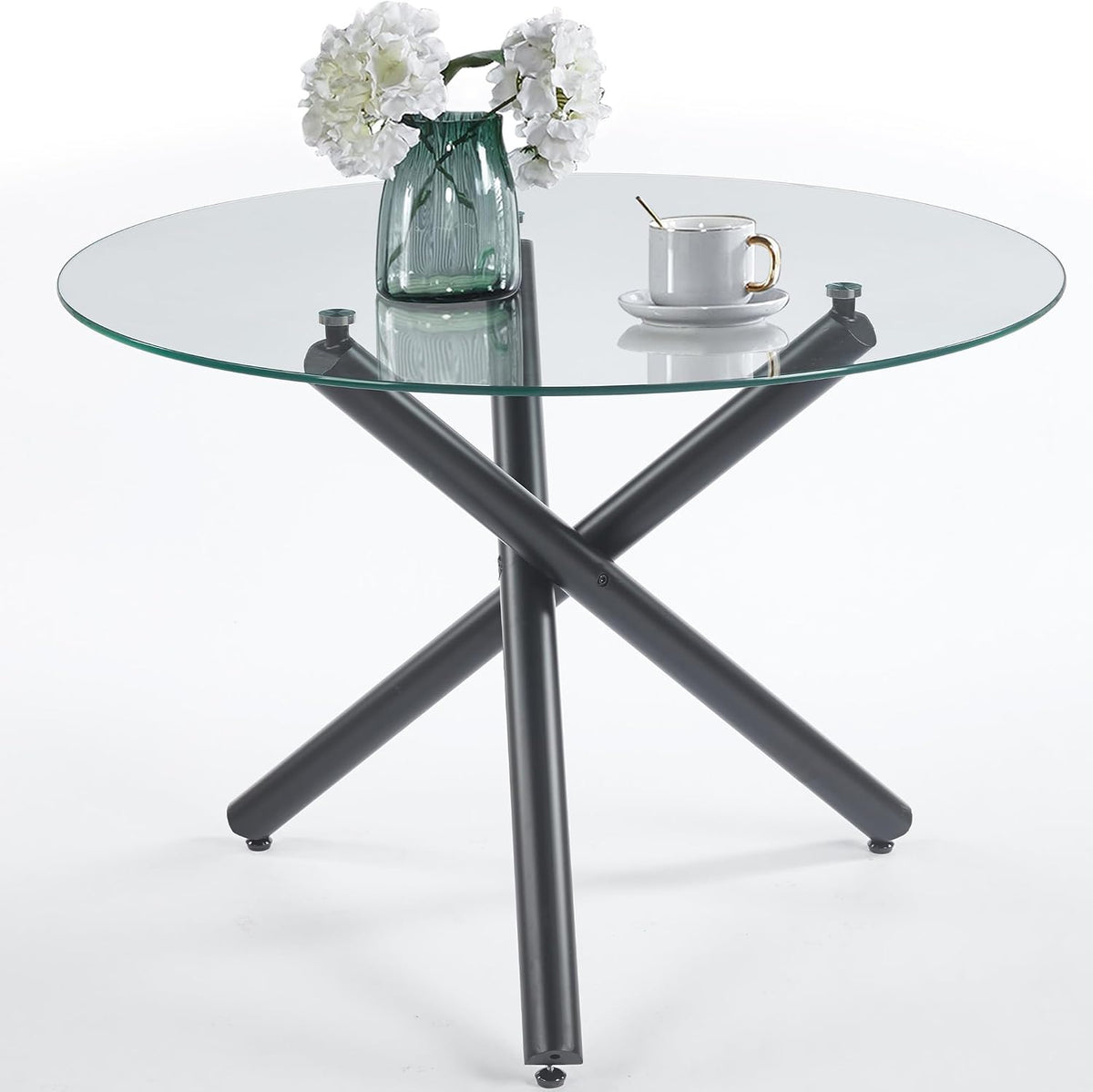 Modern Dining Room Table for 4 People, 36" Round Dining Table with Black Chrome Metal X-Base, Circle Tempered Glass Dining Room Tables, Small Dining Table Kitchen Tables Dinner Tables