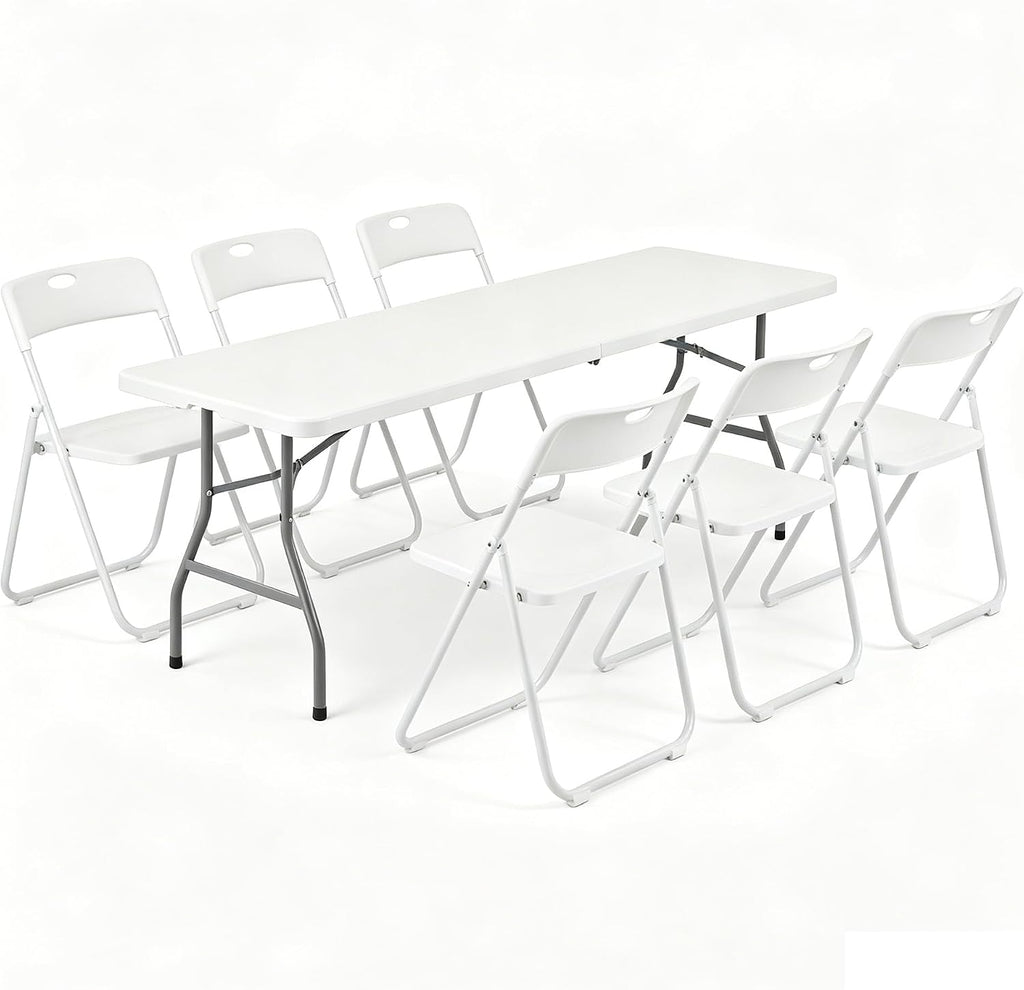 8 FT Plastic Folding Table Chairs Set, 7-Piece Portable Foldable Table and Chairs with Carrying Handle for Wedding Party Banquet Craft Picnic Indoor and Outdoor Activities