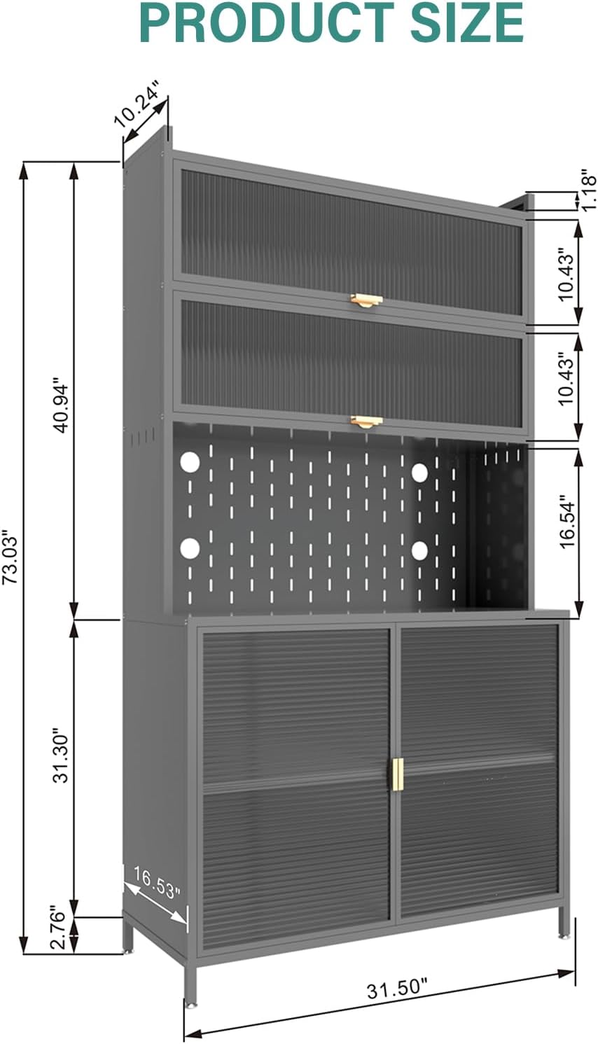 73'' Tall Kitchen Pantry Cabinet, 2 Level Flip Door with Pegboard Metal,Anti-Tip Design Hutch for Kitchen,Dining Room, (Gray)
