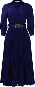 Womens Elegant Dresses Trendy Long Sleeve V Neck Maxi Dresses Flowy Pleated Dresses Formal Cocktail Dresses with Belt
