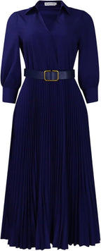 Womens Elegant Dresses Trendy Long Sleeve V Neck Maxi Dresses Flowy Pleated Dresses Formal Cocktail Dresses with Belt