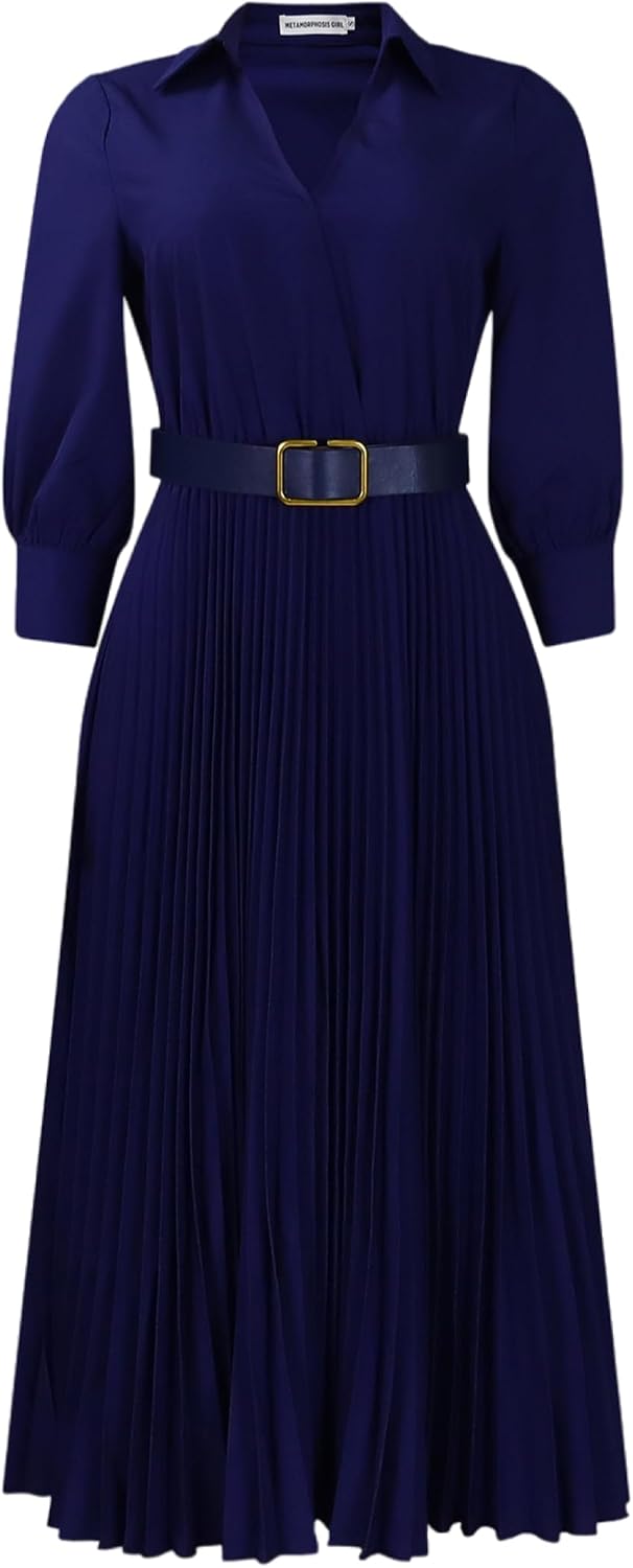 Womens Elegant Dresses Trendy Long Sleeve V Neck Maxi Dresses Flowy Pleated Dresses Formal Cocktail Dresses with Belt