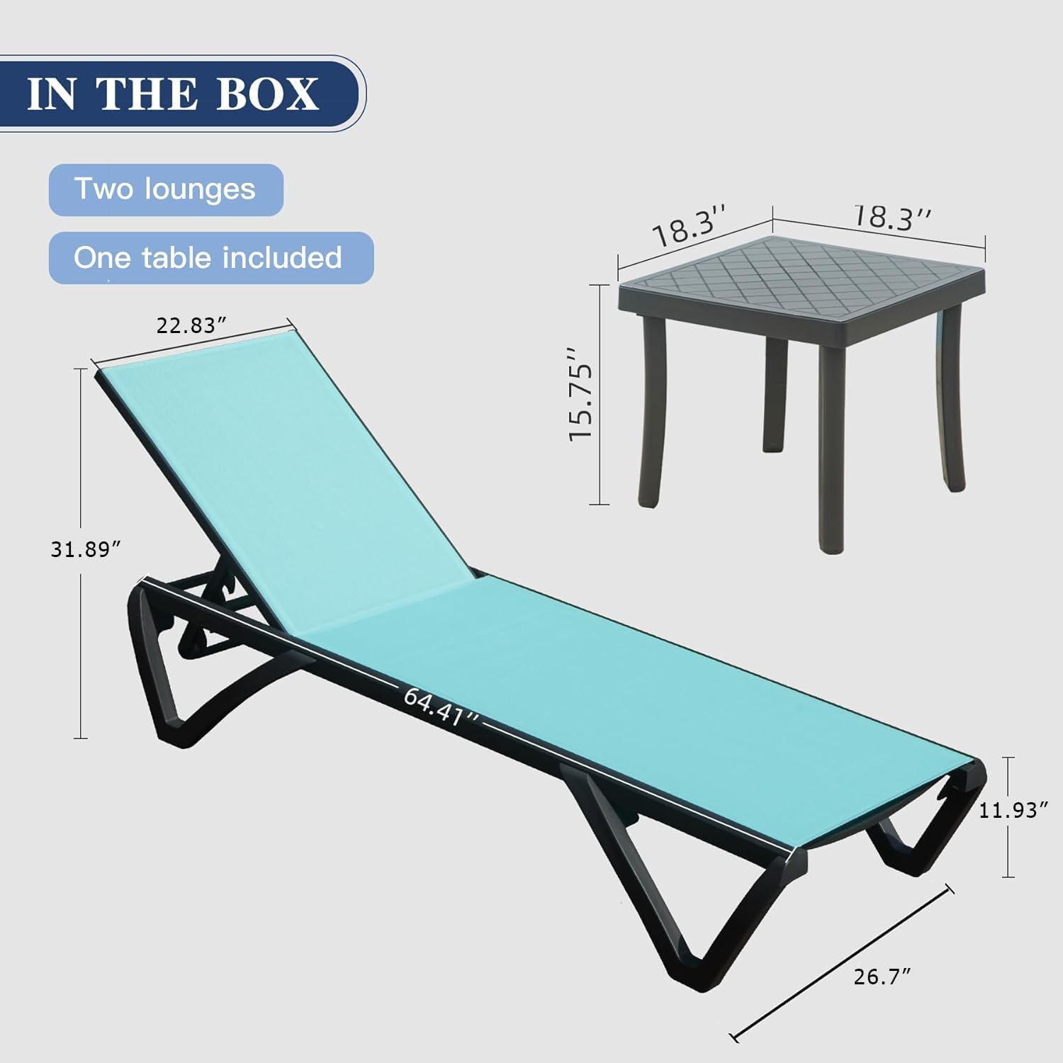 Domi Aluminum Pool Lounge Chair Outdoor Set of 2 Chaise Lounge Outdoor | Side Table, Wheels, Adjustable, Textilene, Turquoise Blue, All Weather, Poolside, Backyard, Patio, Deck, Outside