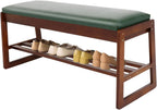 FAHKNS Shoe Bench with Leather Cushion 2 Tiers Shoe Rack 39.4" Rubberwood Shoe Organizer for Hallway, Living Room, Bedroom, Closet