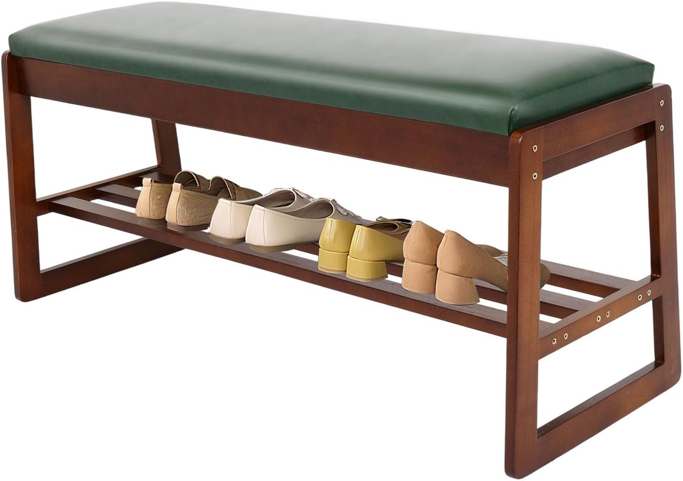FAHKNS Shoe Bench with Leather Cushion 2 Tiers Shoe Rack 39.4" Rubberwood Shoe Organizer for Hallway, Living Room, Bedroom, Closet
