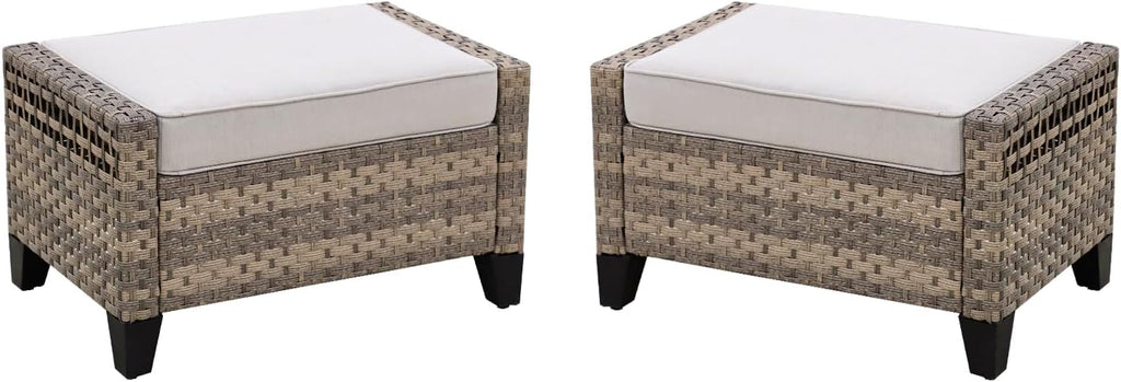 COOS BAY Modern 2 Piece Wicker Outdoor Ottomans, Patio Ottoman Foot Rest Set for Couch with Removable Cushions, 29.1" W x 18.1" D x 17.3" H, Brown/Gray