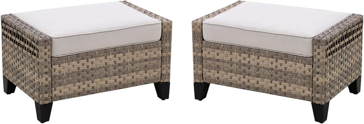 COOS BAY Modern 2 Piece Wicker Outdoor Ottomans, Patio Ottoman Foot Rest Set for Couch with Removable Cushions, 29.1" W x 18.1" D x 17.3" H, Brown/Gray