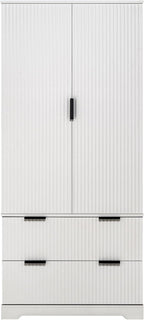 72'' Tall Farmhouse Pantry Cabinet with 2 Drawers and 2 Doors – Grooved MDF Freestanding Storage Cabinet for Kitchen, Bathroom, Entryway, or Dining Room (White)