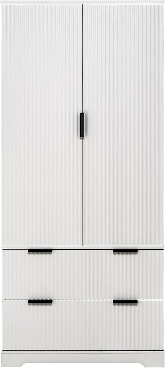 72'' Tall Farmhouse Pantry Cabinet with 2 Drawers and 2 Doors – Grooved MDF Freestanding Storage Cabinet for Kitchen, Bathroom, Entryway, or Dining Room (White)
