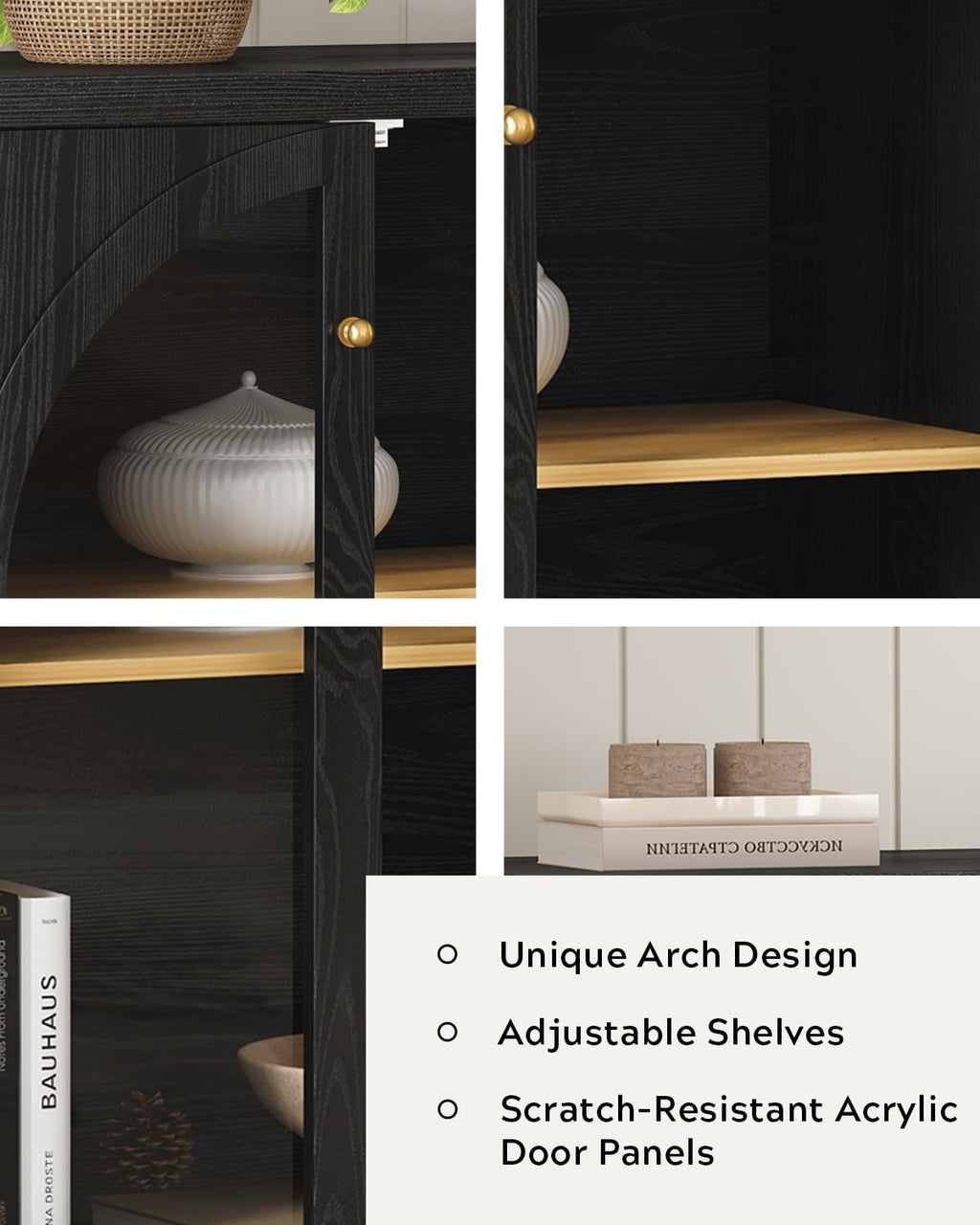 Arched Sideboard Buffet Cabinet with 4 Doors, Modern Accent Storage Cabinet with Adjustable Shelves, Boho Console Table Bar Cabinet Storage Credenza for Living Room, Black/Oak