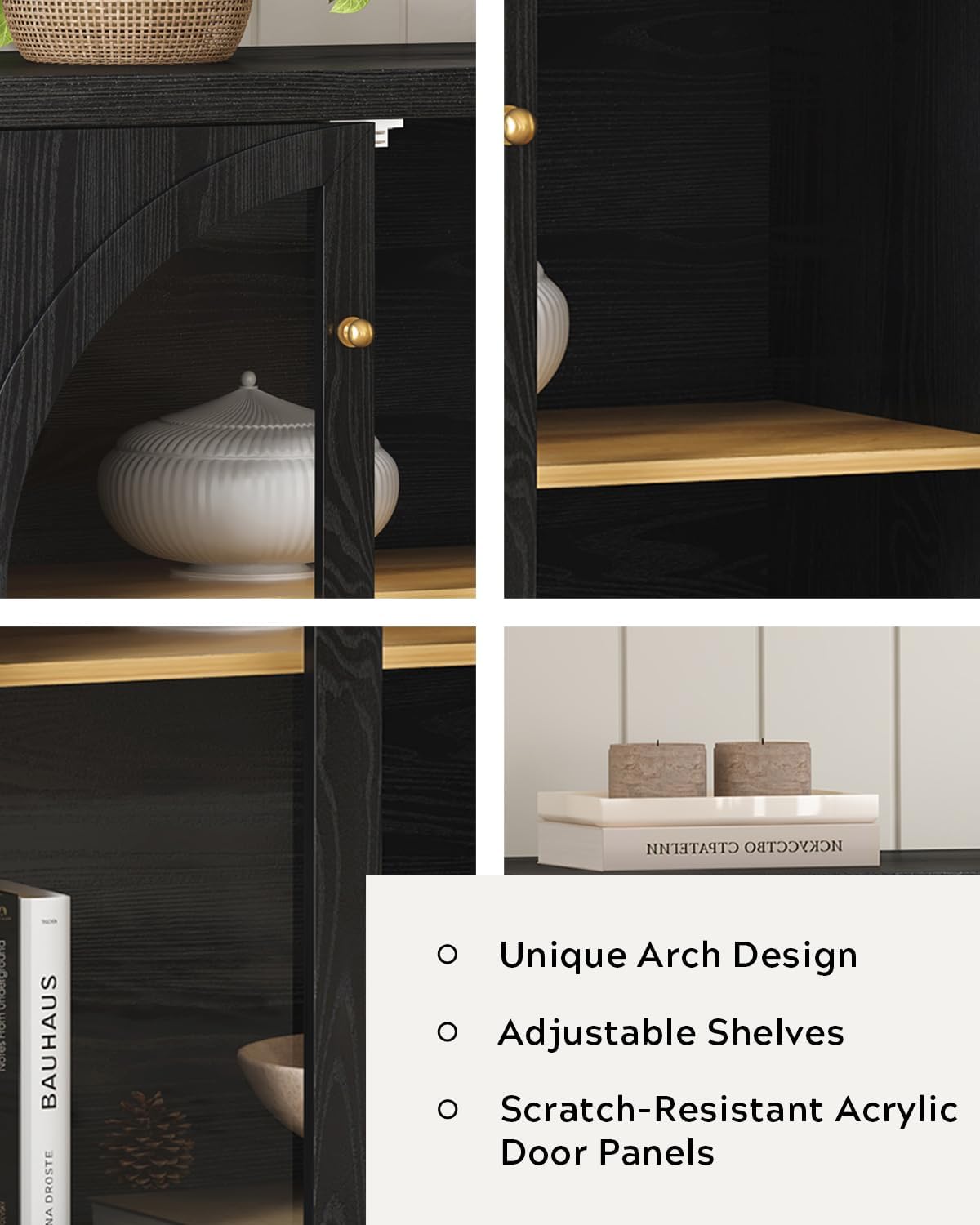 Arched Sideboard Buffet Cabinet with 4 Doors, Modern Accent Storage Cabinet with Adjustable Shelves, Boho Console Table Bar Cabinet Storage Credenza for Living Room, Black/Oak