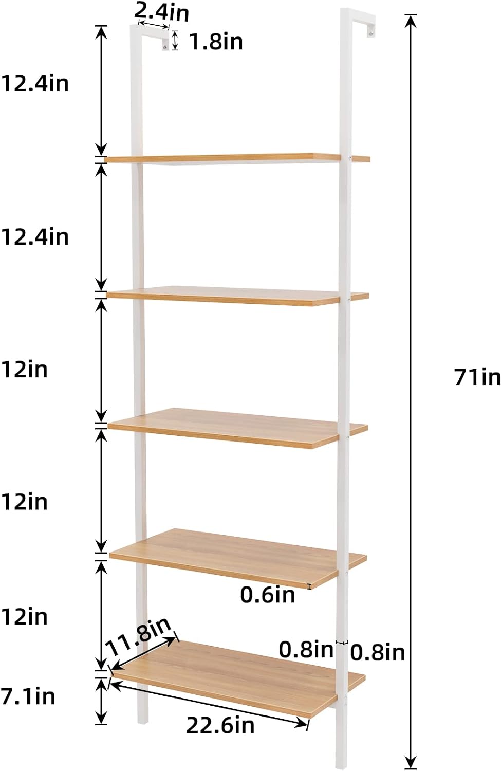 sogesfurniture Industrial Wall-Mounted Ladder Shelf, Wall-Mounted Bookshelf, 5-Tier Industrial Display Bookcase, Utility Storage Rack Shelf for Home, Living Room, Bedroom, Office SF02WT060WH