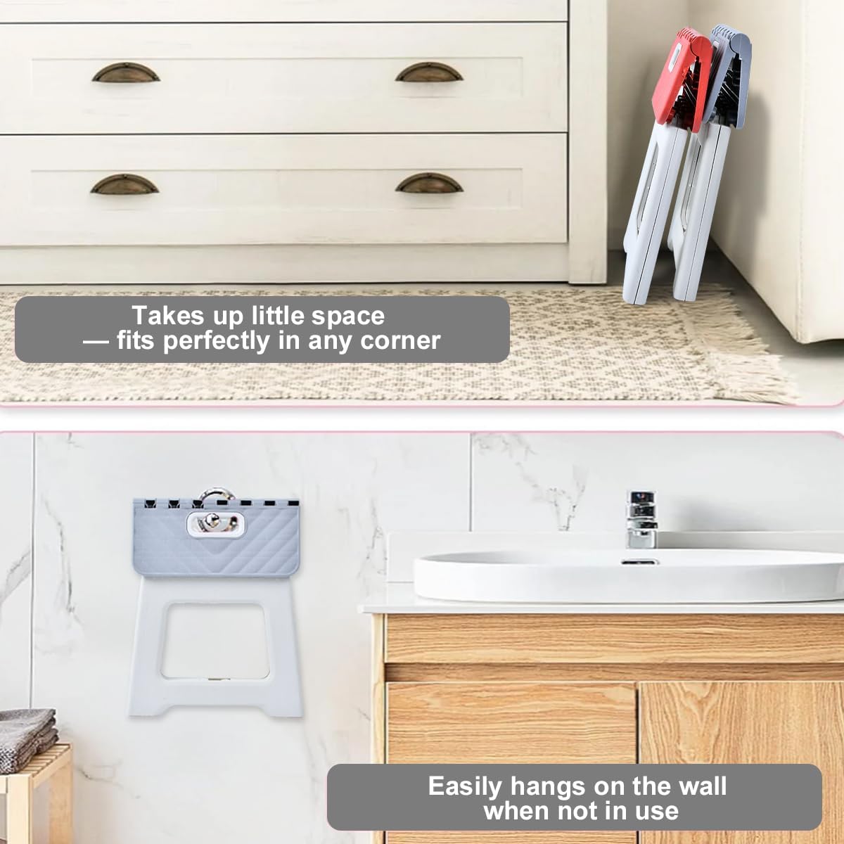Folding Step Stool for Adults, Collapsible Plastic Stool, 2 Pack, Grey | Compact Foldable Design for Easy Storage,Textured Top Surface for Steady Footing, 2-Pack Set for Everyday Household Use