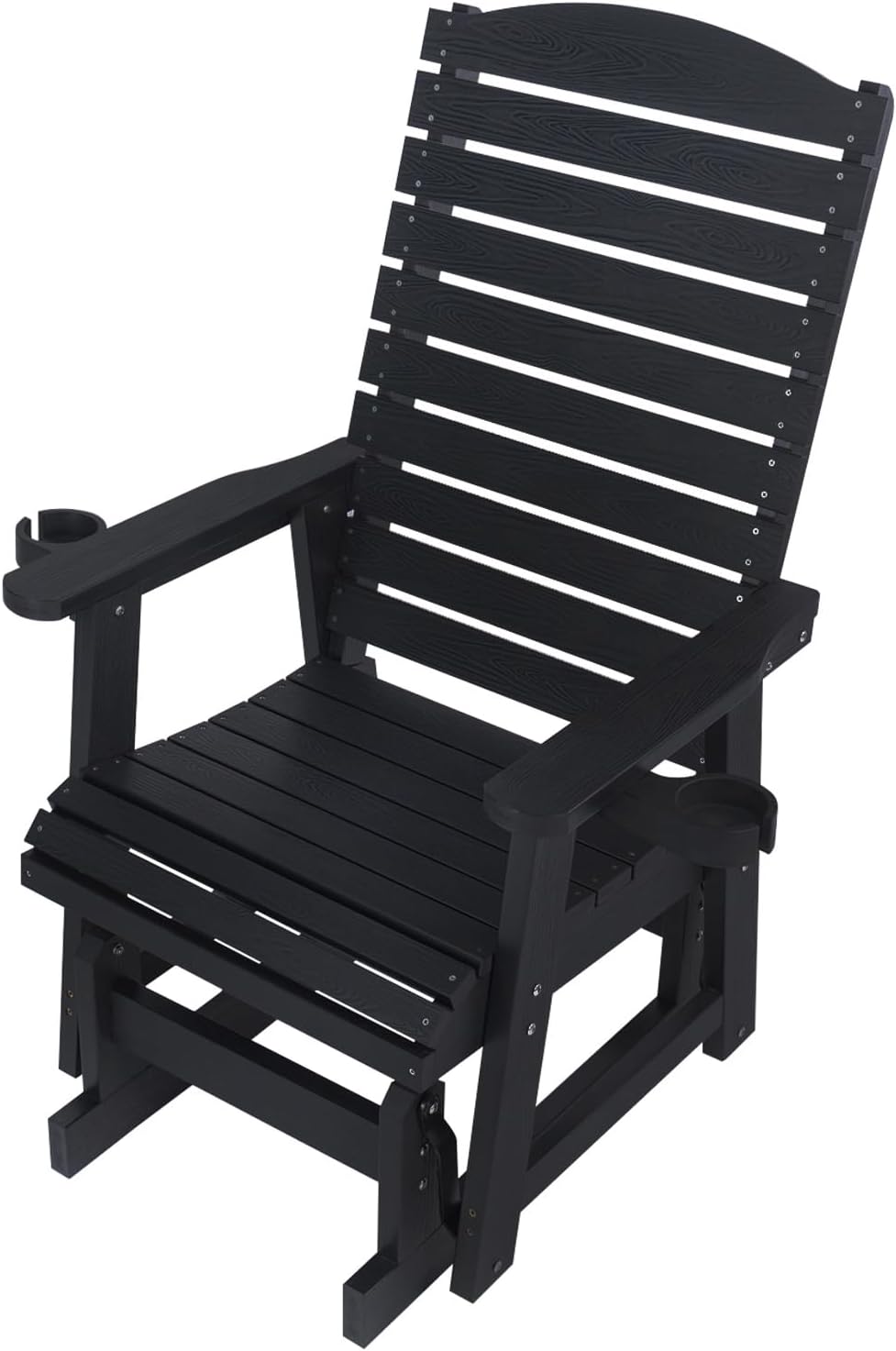 Poly Lumber Patio Glider for One Person, with Cup Holders, High Backrest and Deep Contoured Seat, HIPS Material, All-Weather Resistant, Heavy Duty 700 Pounds (Black)