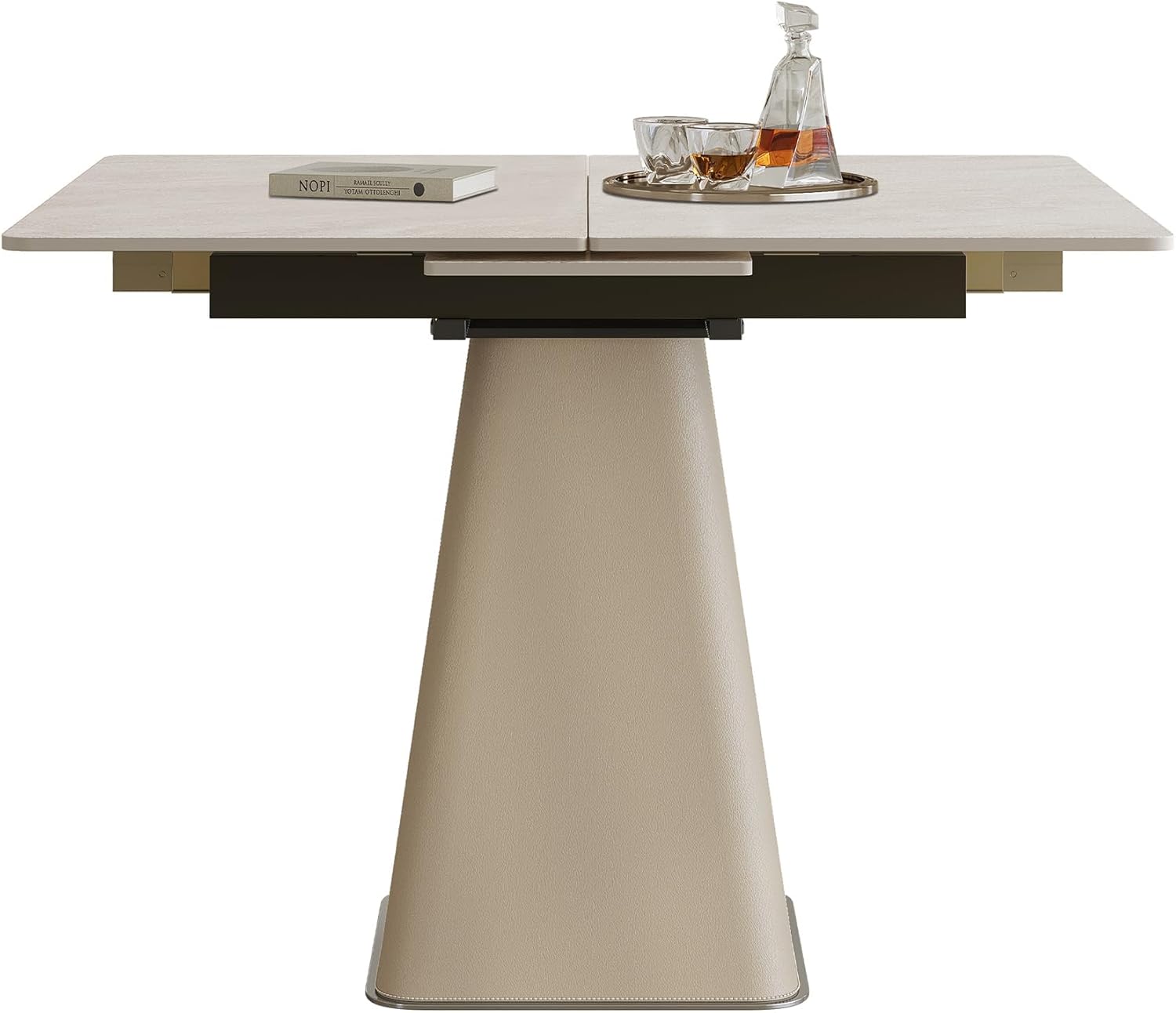 47.2" Retractable Rock Slab Folding Dining Table, Modern Expandable Kitchen Table with Leather-Wrapped Stainless Steel Base, Space Saving Square Dining Table for Small Apartments